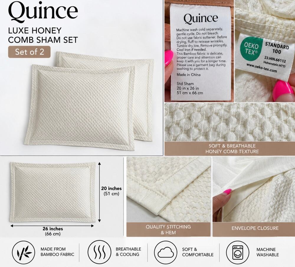 Quince Luxe Honeycomb Standard Sham Set of 2 Ivory Bamboo 20x26 Bedding NWOT